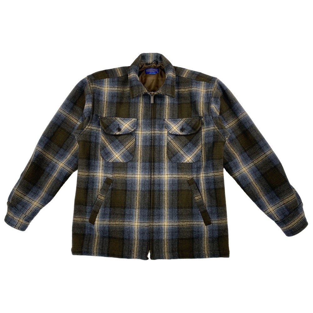 Pendleton Wool Jacket Shacket Full Zip Men's Medium Blue Plaid Hand Pockets